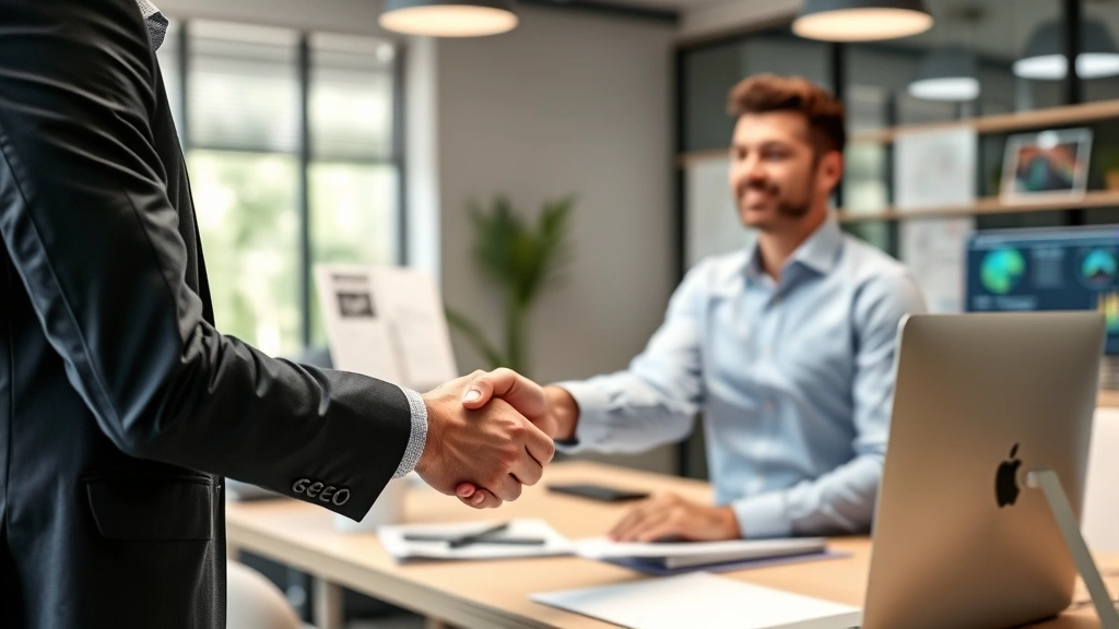 Business owner shaking hands with digital marketing consultant in professional office setting with SEO strategy documents and technology visible in background