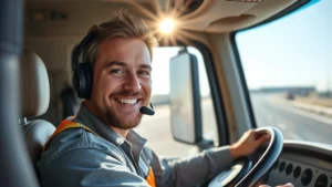Professional truck driver in modern cab wearing headset, smiling at camera, sunlight through windshield, highway visible ahead, represents job satisfaction and professional pride in trucking industry