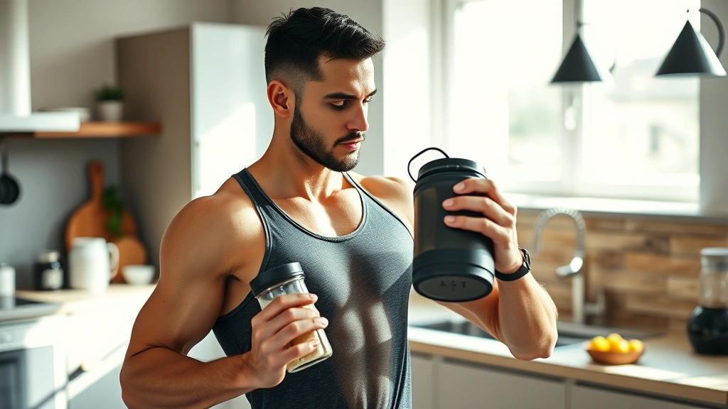 Professional fitness enthusiast in modern home gym taking whey protein supplement powder mixed in shaker bottle, sunlit contemporary kitchen background, athletic wear, focused expression