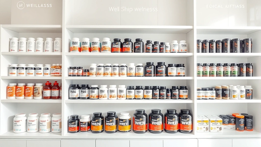Organized supplement bottles and containers on clean white shelving in bright wellness retail environment, various protein and amino acid products displayed, minimalist modern design aesthetic