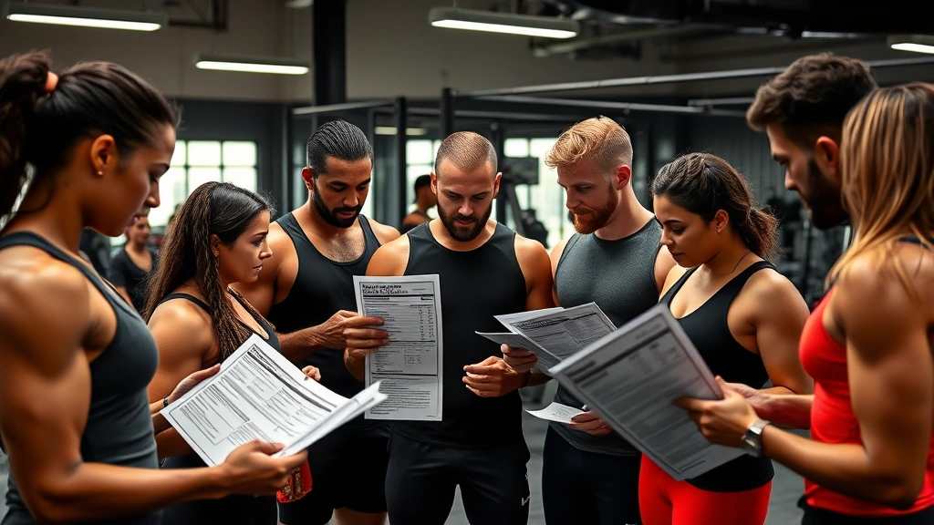 Diverse group of athletes and fitness professionals in gym setting reviewing supplement nutrition labels and certificates of analysis documents, collaborative discussion, professional attire