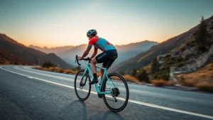 Professional cyclist riding turquoise Bianchi road bike on scenic mountain pass during golden hour, wearing cycling gear, motion captured with sharp focus on bike and athlete
