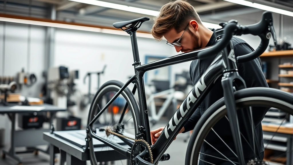 Modern bicycle manufacturing facility with skilled technician assembling carbon fiber frame components, precision tools and workbenches visible, Italian craftsmanship demonstrated