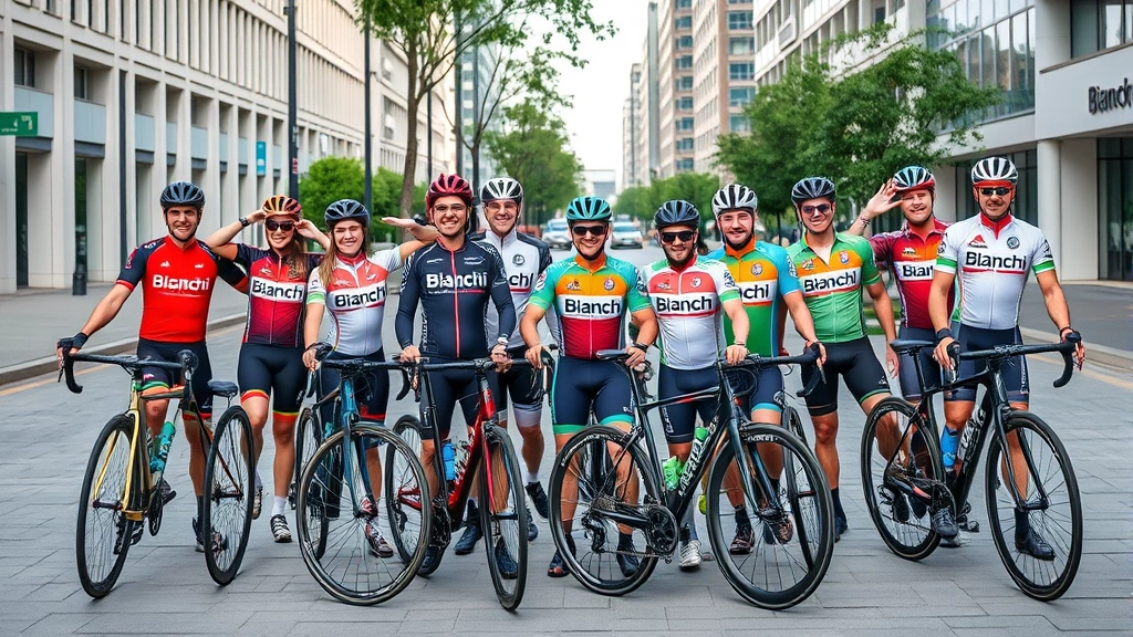 Diverse group of cyclists in professional cycling apparel posing with Bianchi bikes in urban setting, representing global community and brand prestige
