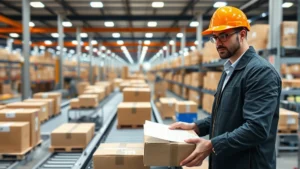 Professional logistics coordinator managing package distribution in high-tech warehouse with conveyor systems and organized shipping operations