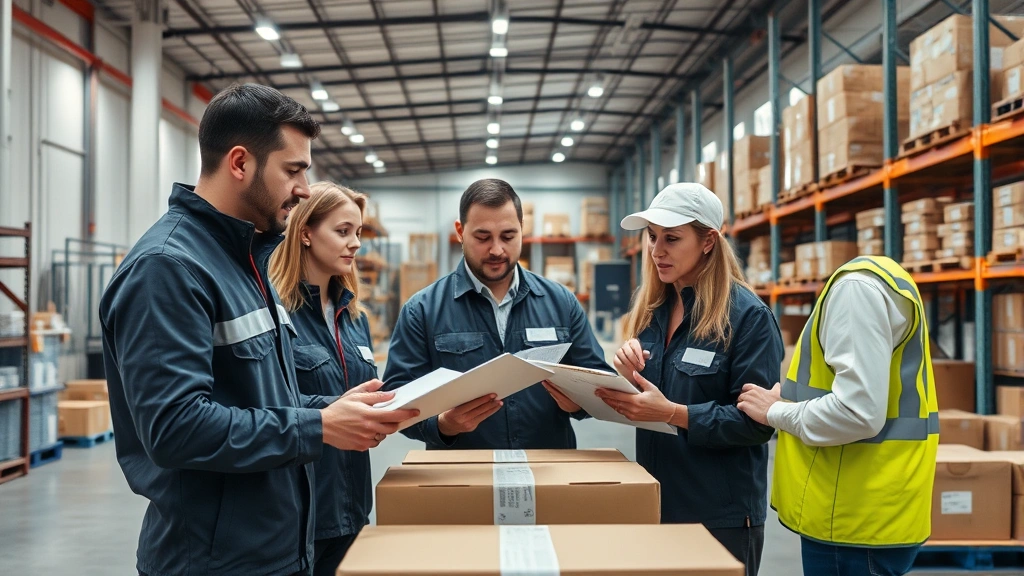 Professional logistics team coordinating shipment operations in modern warehouse facility with organized package sorting systems and efficiency