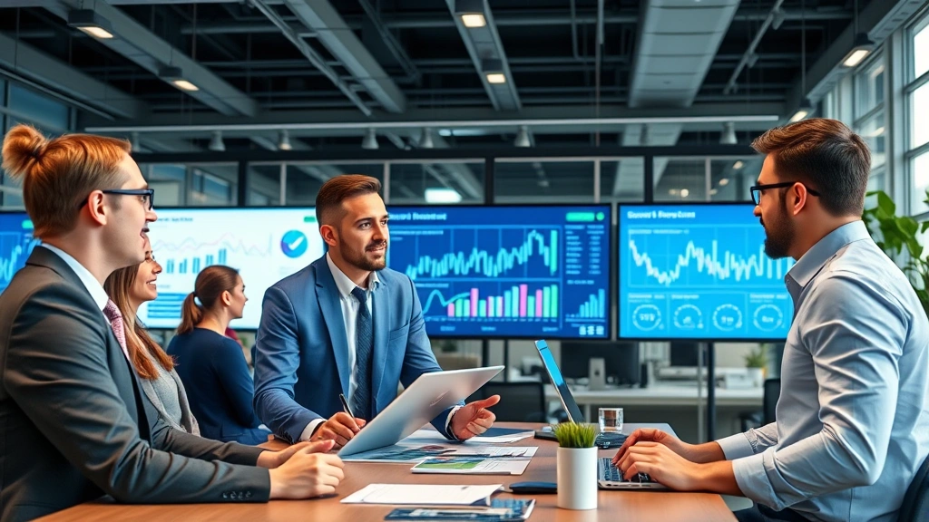 Diverse business professionals collaborating in modern office environment with digital displays showing logistics analytics and performance metrics