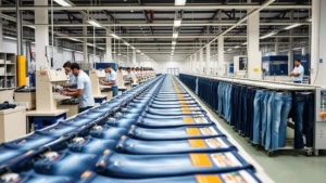 Professional denim manufacturing facility with workers operating industrial machinery, rows of finished jeans on production line, quality control inspection process, modern factory equipment and organized workspace