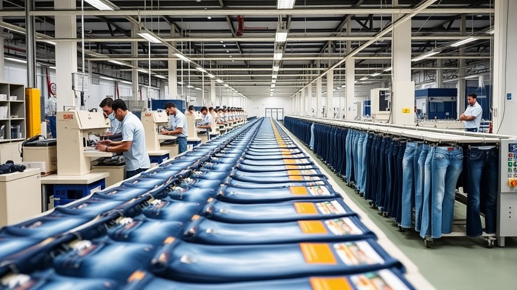 Professional denim manufacturing facility with workers operating industrial machinery, rows of finished jeans on production line, quality control inspection process, modern factory equipment and organized workspace