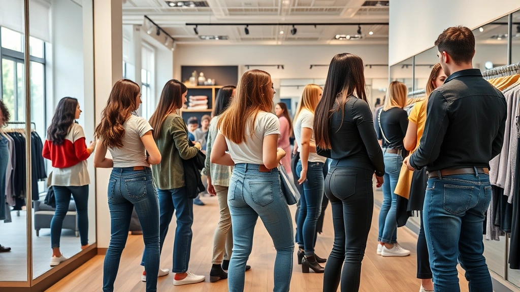 Diverse customers trying on jeans in modern retail store environment, natural lighting, fitting room mirrors, comfortable shopping atmosphere, professional store associates assisting customers, contemporary store design