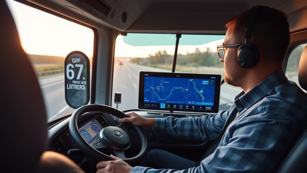 Professional truck driver in modern cab monitoring digital dashboard with GPS navigation and real-time freight tracking system, highway visible through windshield, early morning light, corporate setting
