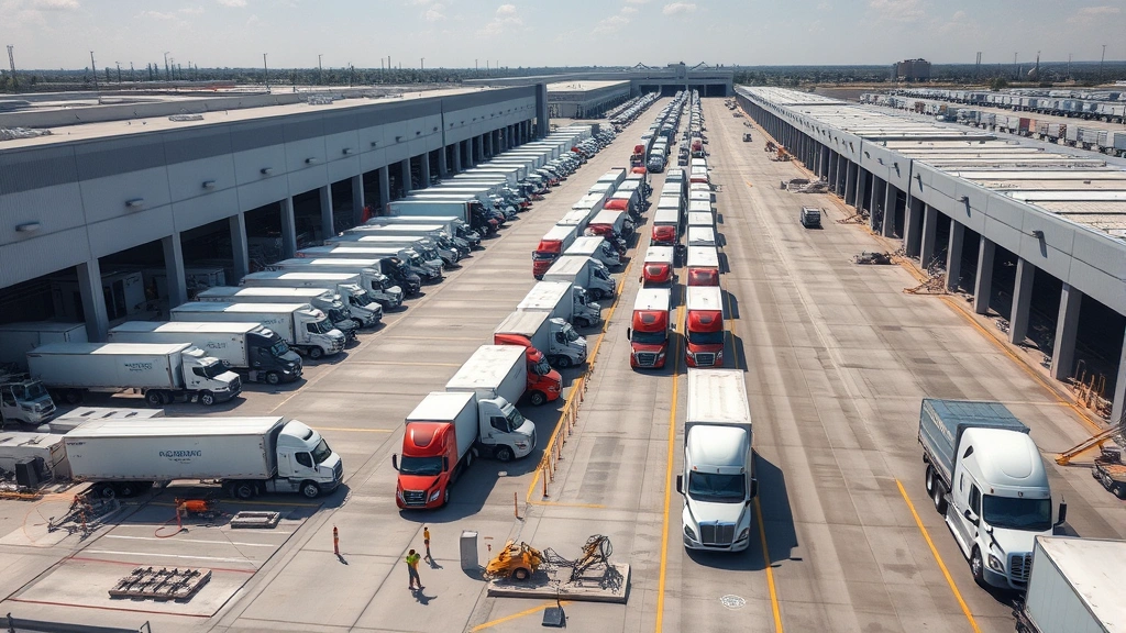 Large modern distribution center with dozens of semi-trucks lined up for loading, warehouse workers coordinating shipments, drone aerial perspective showing scale of operation, clear weather
