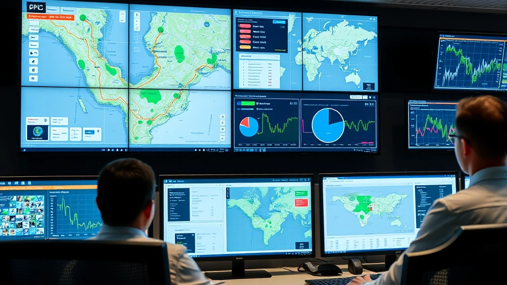 Advanced logistics control room with multiple computer monitors displaying live fleet tracking maps, route optimization data, and performance analytics, professional operators monitoring operations, contemporary tech environment