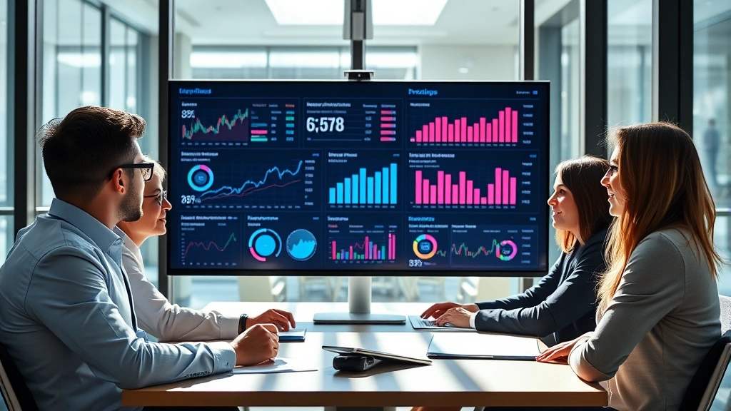 Professional executive team in modern conference room reviewing financial dashboards and performance metrics on large monitors, serious focused expressions, contemporary business attire, sunlit glass office space