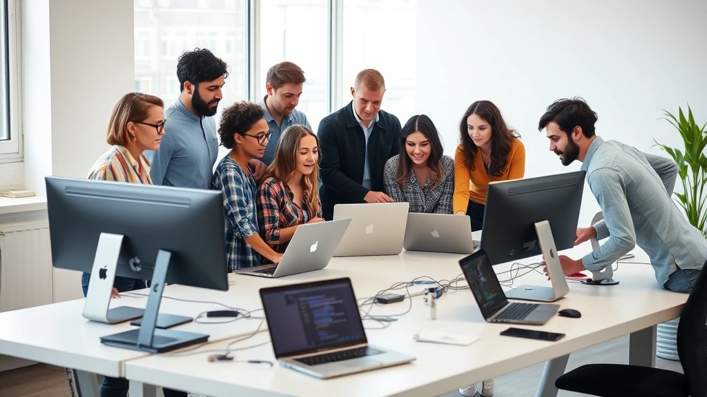 Diverse technology team collaborating around laptop computers at minimalist standing desks, reviewing code and design elements, casual professional environment, bright natural lighting, engaged discussion
