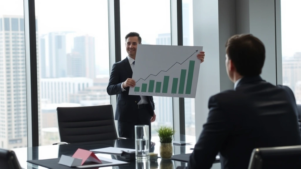 Business leader presenting strategic growth chart to investors in boardroom, showing upward trending graph, professional formal setting, confident body language, modern corporate office with city skyline view