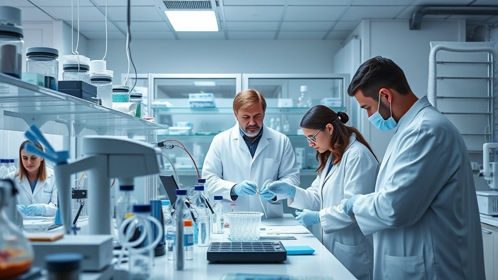 Professional biotech laboratory with scientists in white coats conducting experiments, modern equipment, glass containers, centrifuges, pipettes, bright clinical lighting, collaborative research environment