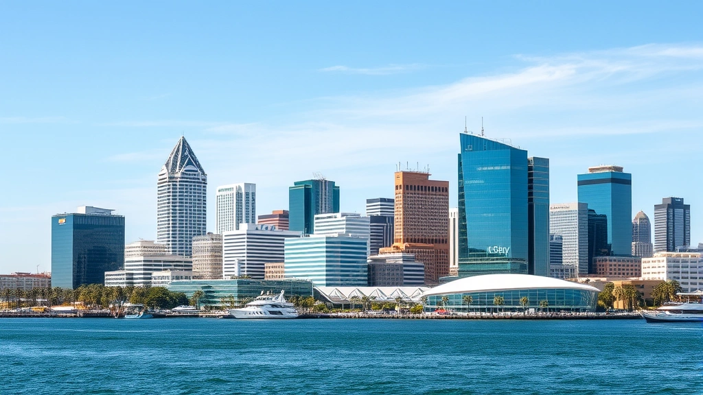 San Diego skyline with biotech corporate buildings and research facilities, modern architecture, waterfront location, sunny day, professional business district atmosphere