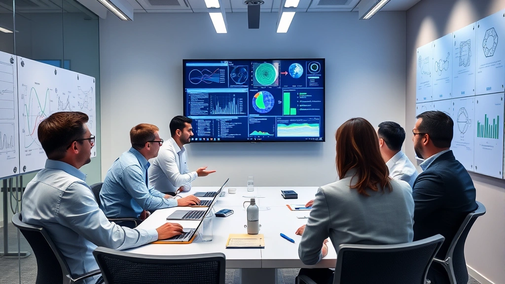 Team of researchers and executives in modern conference room reviewing data on screens, collaborative discussion, whiteboards with scientific concepts visible on walls, professional business meeting
