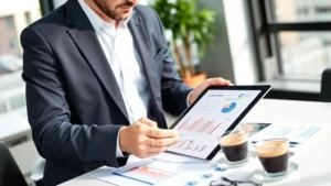 Professional businessman in suit reviewing financial documents and coffee market data on tablet, modern office setting with coffee samples visible, natural window lighting, corporate analytical atmosphere
