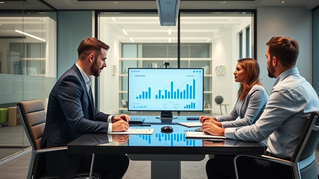 Executive leadership team in contemporary office conference room analyzing growth charts and market expansion plans on digital displays, professional corporate setting with business intelligence focus