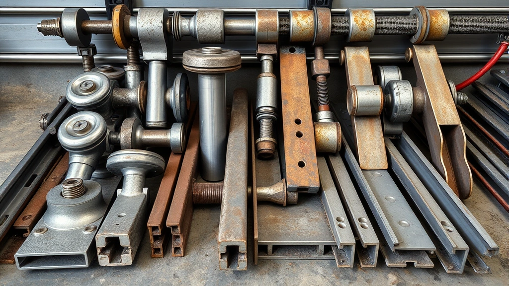 Array of garage door components including steel rollers, hinges, and tracks displayed on workshop surface, showing wear patterns and corrosion, professional product photography style