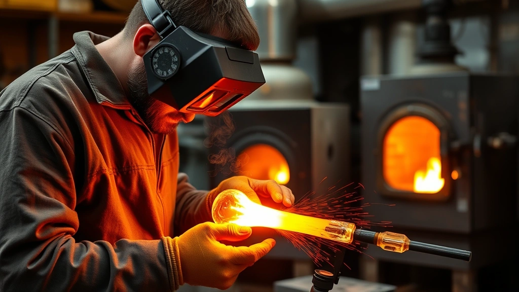 Master glassblower in protective gear carefully shaping glowing molten glass using traditional hand-blowing techniques in a professional studio setting with furnace in background