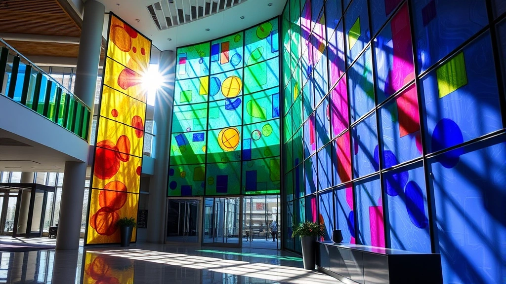 Interior architectural installation featuring custom Blenko glass panels in modern commercial building lobby with natural light streaming through colored glass creating vibrant patterns