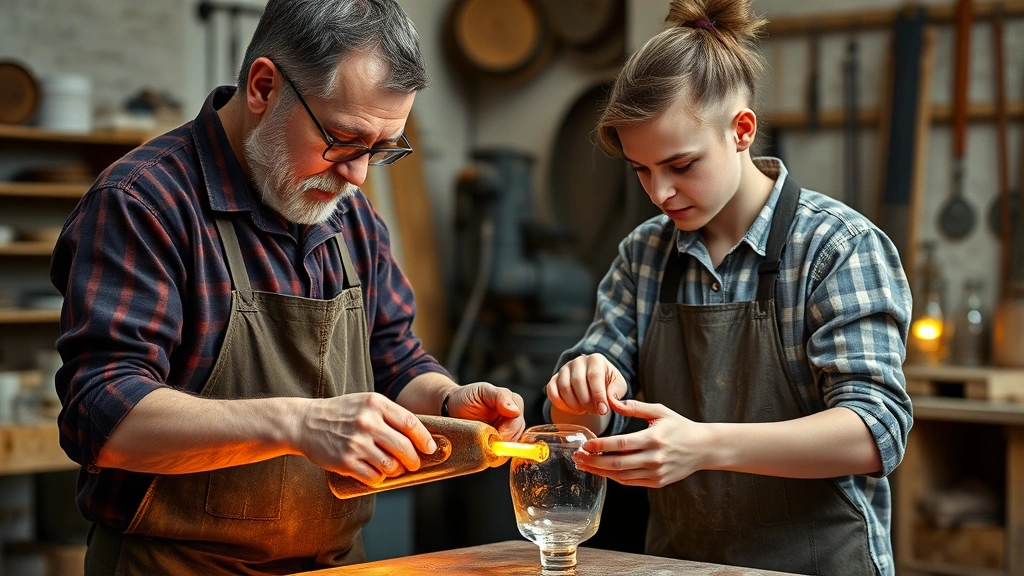 Senior craftsperson demonstrating glassmaking technique to younger apprentice in workshop, showing hands-on mentorship and knowledge transfer in artisanal glass production environment