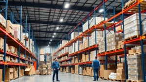Professional warehouse distribution center with organized shelving systems, workers managing inventory in correctional supplies facility, modern logistics operation with organized product storage and efficient workflow management