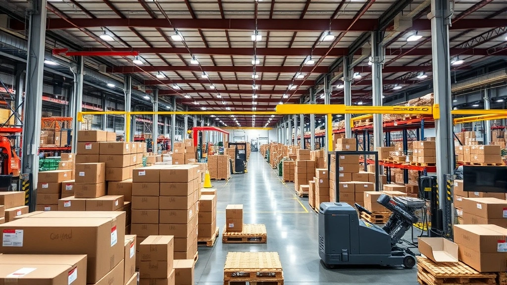 Industrial manufacturing or fulfillment center showing product packaging operations for institutional supplies, quality control processes, and modern logistics technology integration in specialized supplier facility