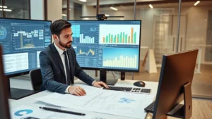 Professional businessman analyzing infrastructure blueprints and tunnel construction project plans on a modern office desk with computer monitors displaying technical data and financial charts