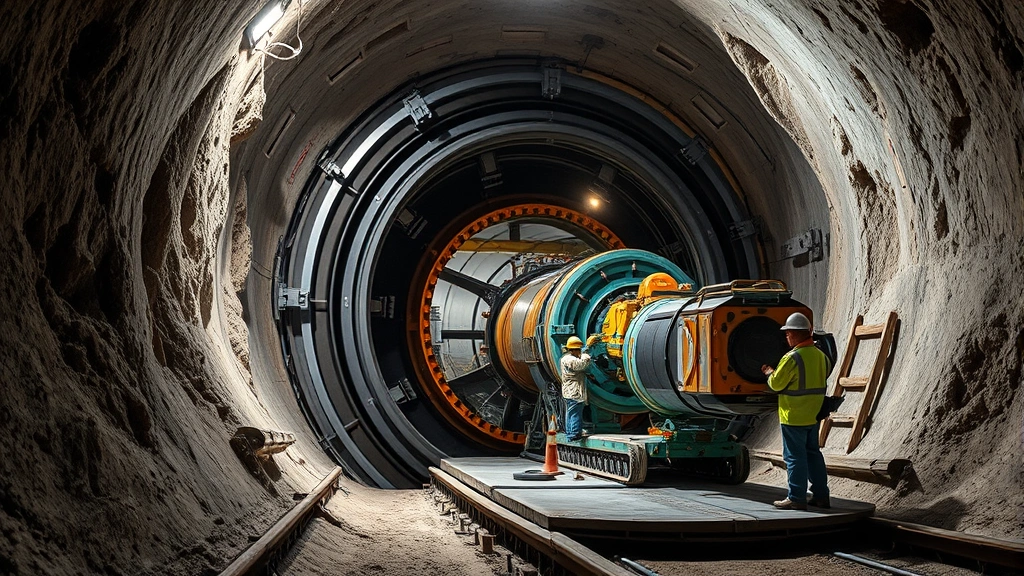 Advanced tunnel boring machine in underground excavation site with workers in safety gear operating cutting-edge equipment in a well-lit underground construction environment