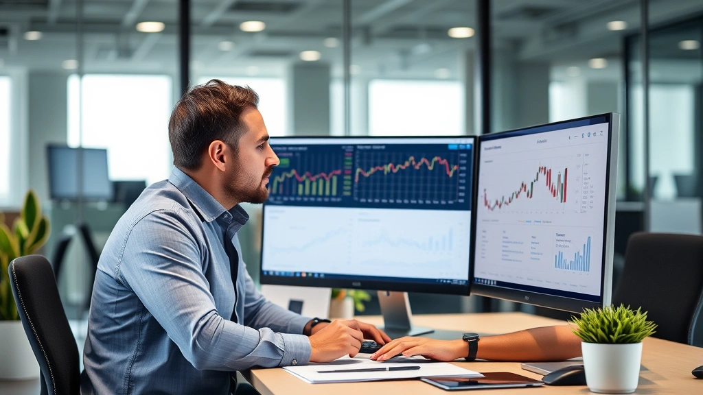 Investment portfolio manager reviewing private company equity opportunities on desktop computer with financial dashboards and market analysis charts in a contemporary corporate office setting