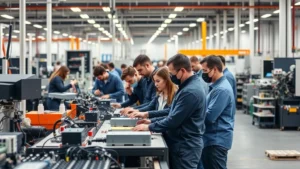 Professional manufacturing facility with engineers and technicians working on production line, modern factory equipment, clean industrial environment, diverse team collaborating