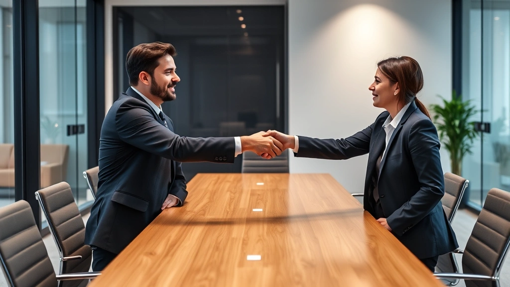 Business professionals in modern corporate office conducting interview, hiring manager and candidate shaking hands, professional setting with conference table, positive collaborative atmosphere