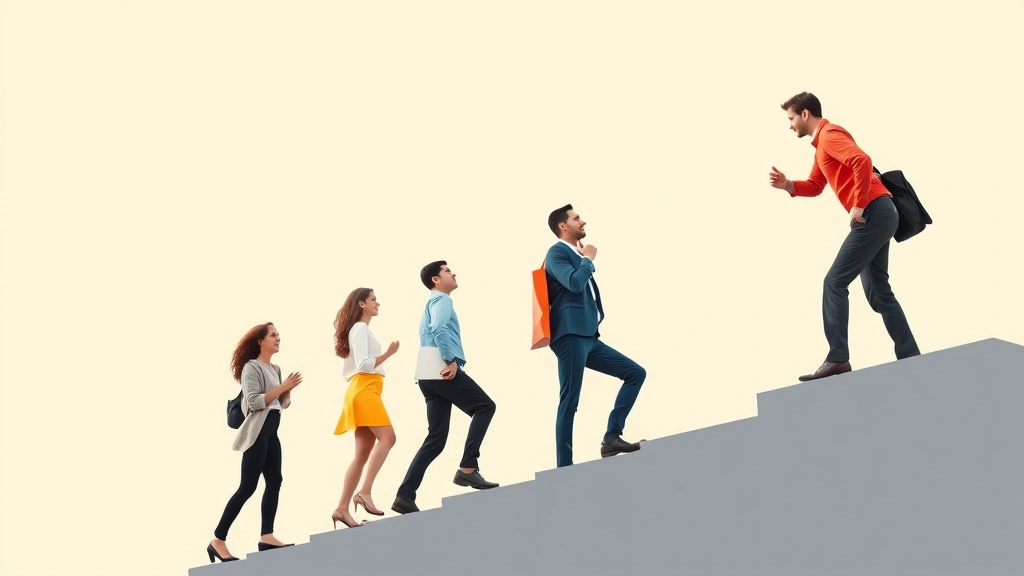 Career development concept showing diverse professionals climbing ladder, mentorship moment with senior and junior employee, growth trajectory visualization, achievement and progression