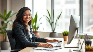 Professional Brazilian woman entrepreneur in modern LA office space, working at desk with computer and business documents, confident expression, natural lighting, corporate casual attire, plants in background, photorealistic