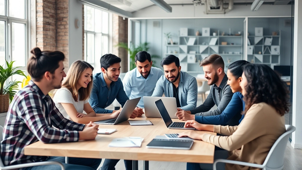 Diverse team collaborating in contemporary startup office environment, people of mixed backgrounds having business meeting around table with laptops and notebooks, energetic atmosphere, natural daylight, professional but creative space