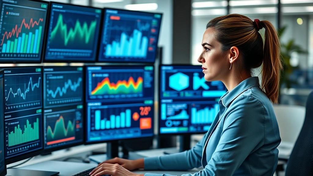 Successful female business owner reviewing financial dashboards and charts on multiple monitors, analytical workspace, modern office design, focused expression, professional setting, photorealistic corporate environment