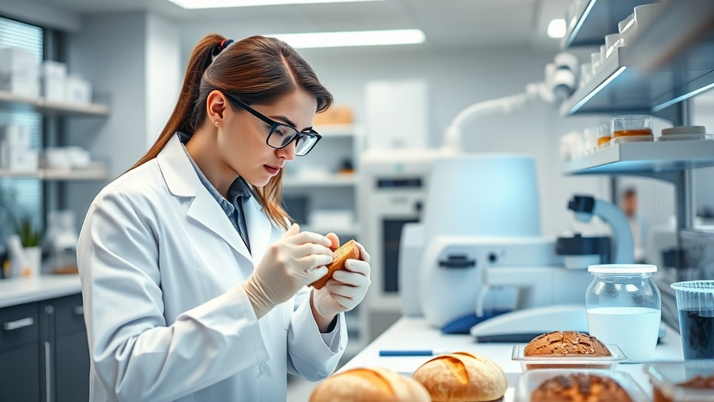 Professional nutritionist analyzing bread products in modern laboratory setting, examining loaves and taking samples, scientific equipment visible, clinical workspace