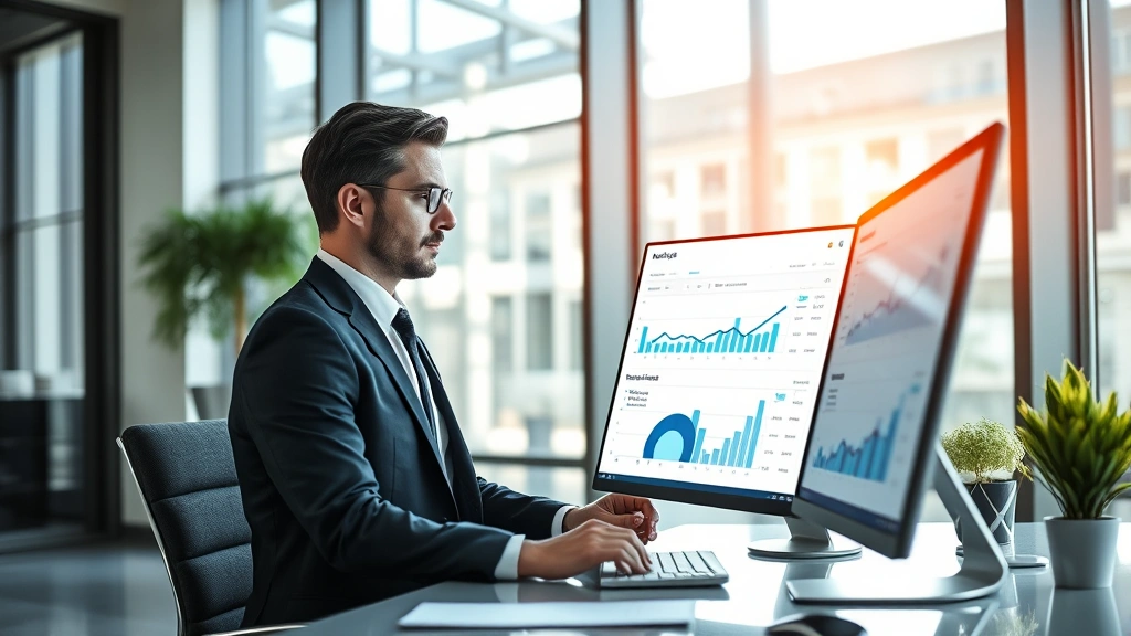 Professional business executive in modern office reviewing financial reports and performance metrics on computer screen, natural lighting from windows, corporate setting
