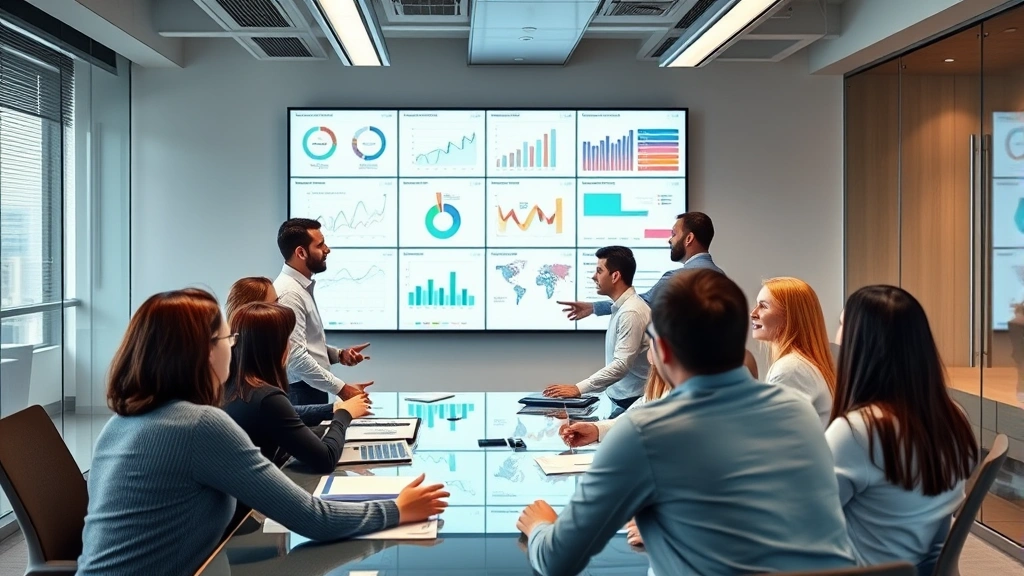 Diverse team of professionals collaborating in contemporary conference room with digital displays showing charts and business strategy diagrams, engaged discussion