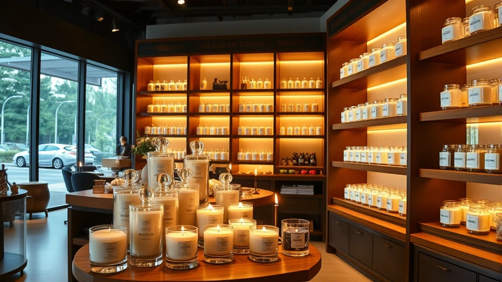 Luxury home fragrance showroom with elegantly displayed premium candles in glass containers, warm ambient lighting, wooden shelving, upscale retail environment