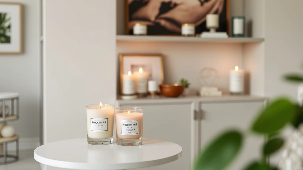 Beautifully styled home interior featuring Bridgewater candles on side tables and shelves, modern minimalist decor, warm candlelight ambiance, lifestyle setting