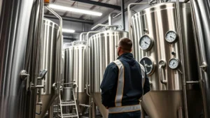 Professional craft brewery interior with stainless steel fermentation tanks and brewing equipment, brewmaster in safety gear monitoring temperature gauges, modern industrial lighting, clean organized workspace, professional atmosphere