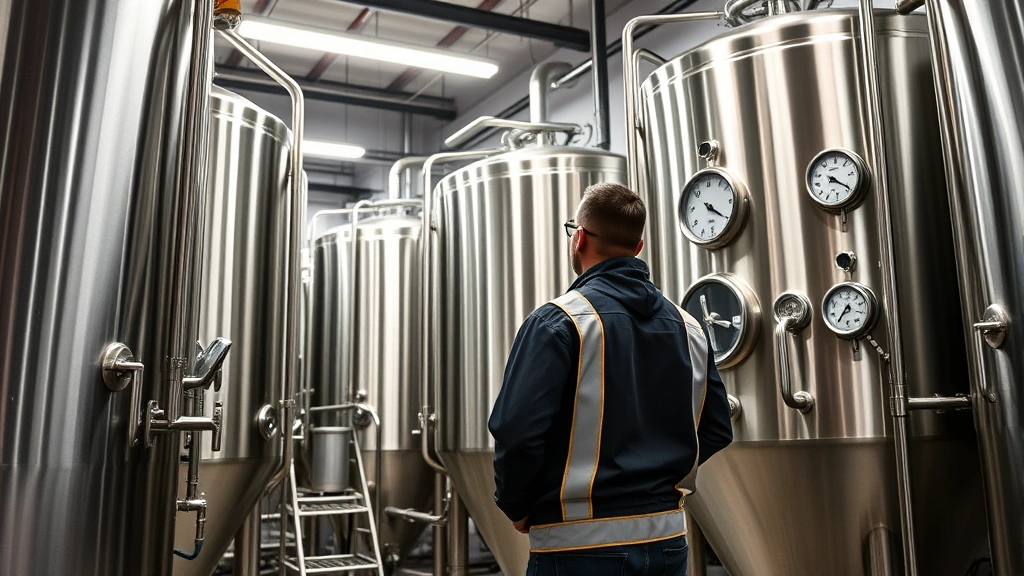 Professional craft brewery interior with stainless steel fermentation tanks and brewing equipment, brewmaster in safety gear monitoring temperature gauges, modern industrial lighting, clean organized workspace, professional atmosphere