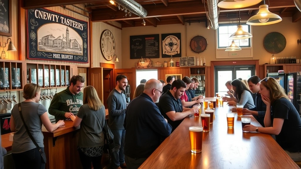 Craft beer tasting room with customers sampling beers at wooden bar counter, warm ambient lighting, brewery tapestry and decorative elements, community gathering atmosphere, diverse group enjoying beverages