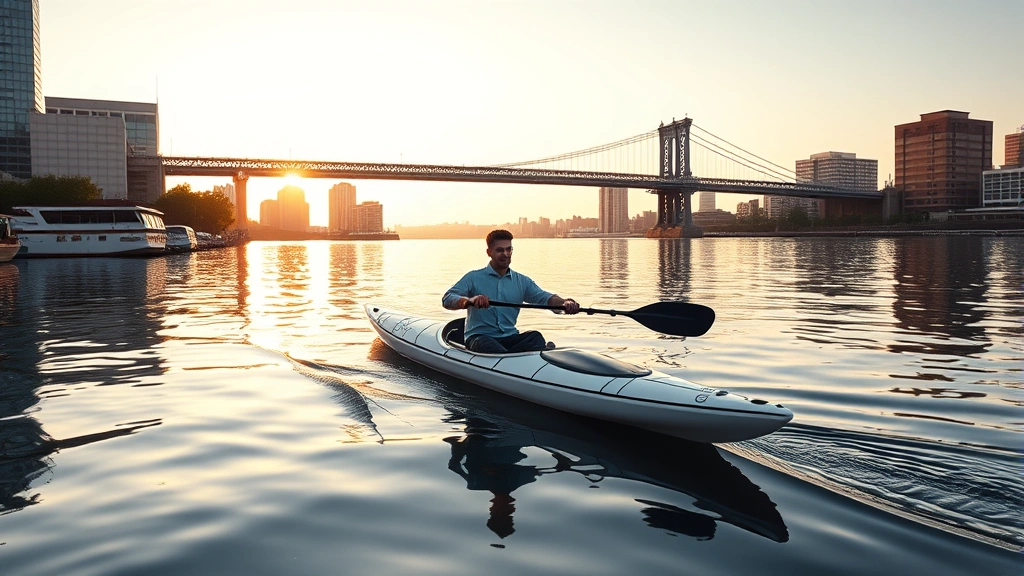 Professional kayak paddler on calm Brooklyn waterfront at sunrise, high-end composite kayak with modern design, water reflection, clear morning light, no people visible in background, photorealistic corporate aesthetic