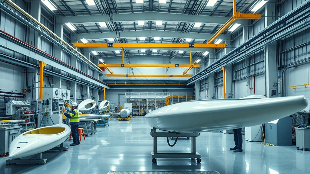 Modern manufacturing facility interior with advanced composite kayak production equipment, workers in safety gear assembling kayaks, bright industrial lighting, quality control inspection station, photorealistic detailed view